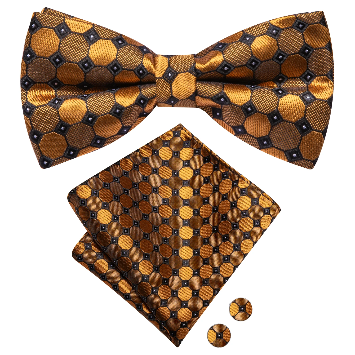 

Hi-Tie Dot Gold Black Men Bow Tie Hankerchief Cufflink Pre-tied Silk Butterfly Knot Bowtie for Male Business Party Wholesale