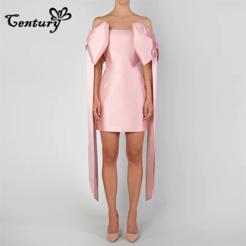 

Off Shoulder Pink Prom Dress Short Big Bow Above Knee Mini Evening Party Gowns Cocktail Dresses Robe De Soiree Vestido Largo