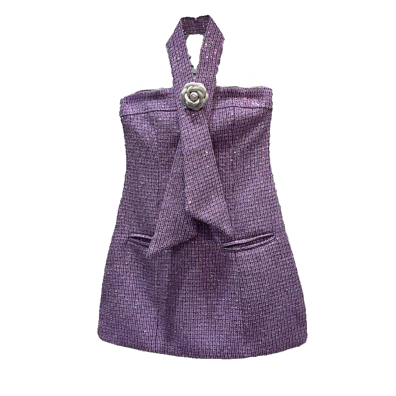

2024 Summer Purple Tweed Dress for Women New Classic Style Elegant Socialite Flower Pin Waist-Tight Halter Tube Top Dress