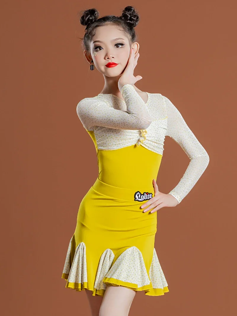 

Children Long Sleeve Yellow Latin Dance Dress Tops and Skirt Kids Girls Ballroom Costume Cha Cha Rumba Performance Dancewear