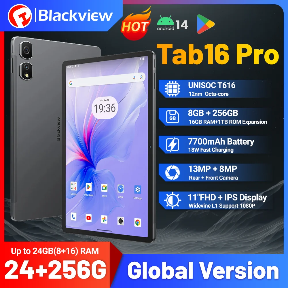 

Blackview Tab 16 Pro Tablet PC 11'' FHD+ Display 120Hz T616 Octa Core 24GB(8+16) RAM 256GB ROM 7700mAh 4G Tablets Android 14