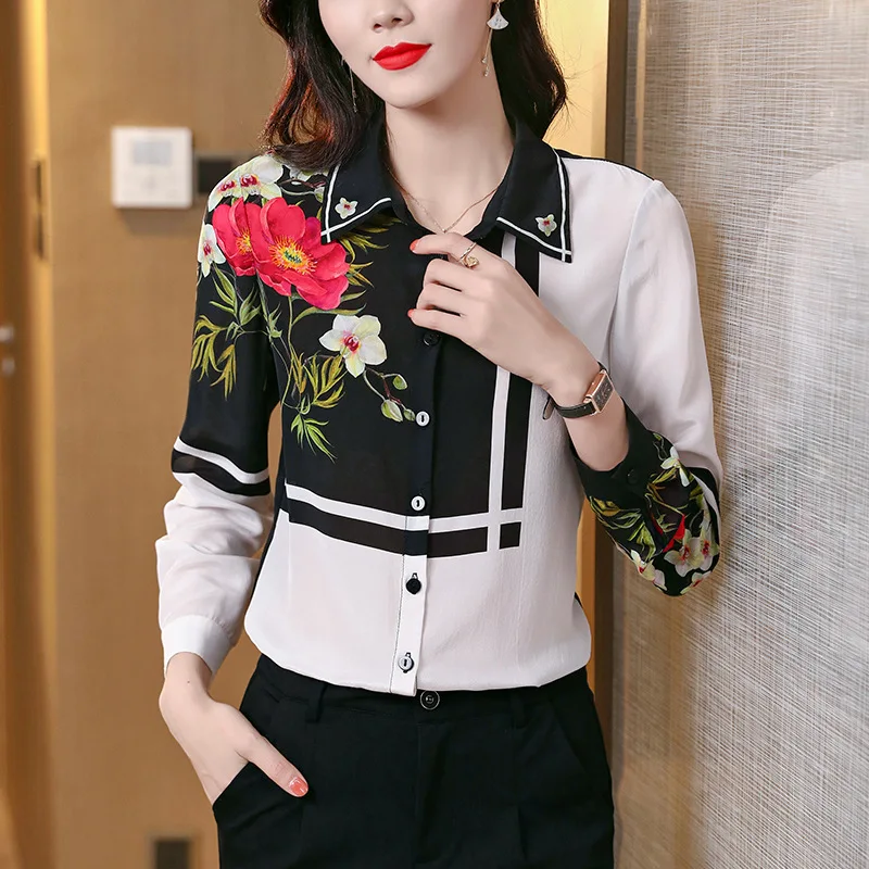 Women Blouses Tops Silk Floral Printed Office Formal Casual Shirts Plus Large Size Spring Summer Sexy White Black Color Contrast
Women Blouses Tops Silk Floral Printed Office Formal Casual Shirts Plus Large Size Spring Summer Sexy White Black Color Contrast