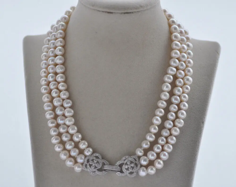 

Z10791 3Row 19" 9mm White Round Freshwater Pearl Necklace CZ