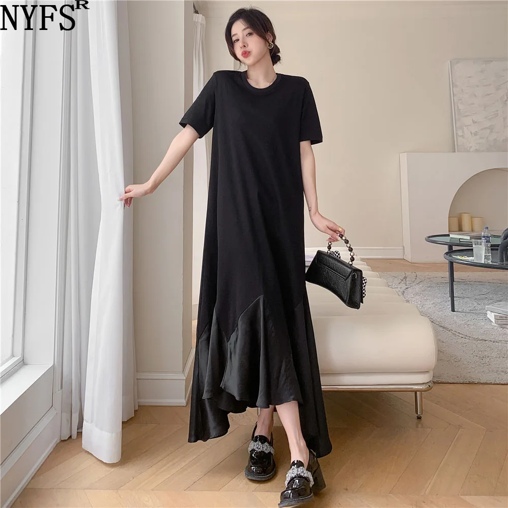 

NYFS 2023 Summer New Korea Woman Dress Vestidos Robe Elbise Cotton Loose Plus Size Short Sleeve Irregular Fish Tail Long Dresses