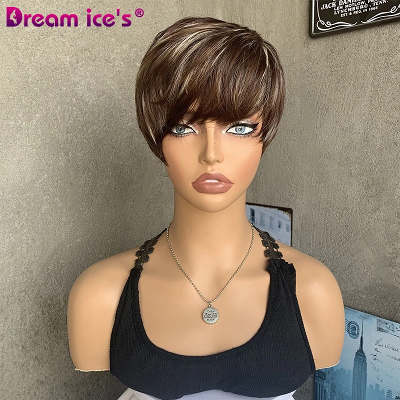 

Short Mixed Blonde Brown Highlight Pixie Cut Hair Synthetic Wig With Bangs Straight Wavy Fluffy Hair Daily Wigs For Black Women