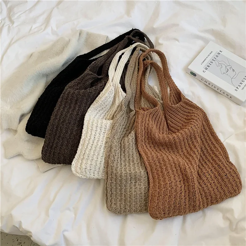 

Wool Knitted Shoulder Shopping Bag for Women Vintage Cotton Cloth Girls Tote Shopper Bag Large Female Handbag Crochet Bag