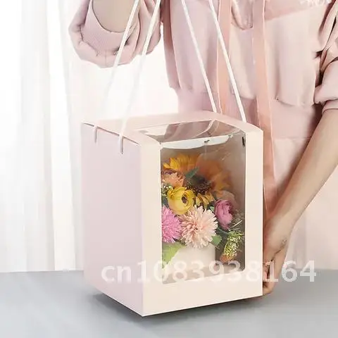 

Florist Gift Wedding Party Bag Square Flower Transparent Storage Boxes Paper Flower Packing Boxes Handy Bucket Holders