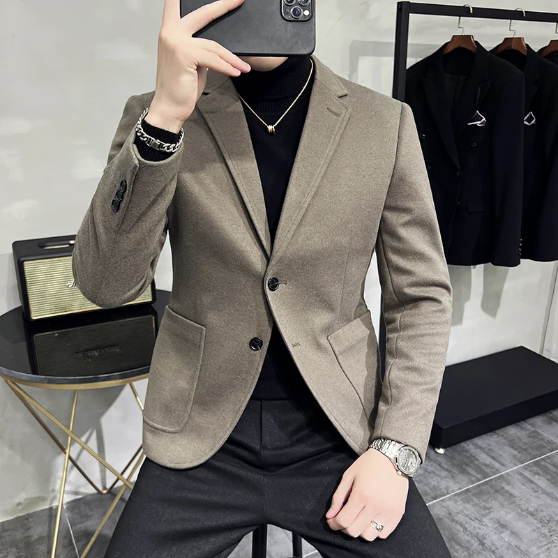 

High Quality Winter Thickened Warm Woolen Fashion Handsome Trend Suit Men's Business Casual Tweed Suit Jacket Casual Blazers