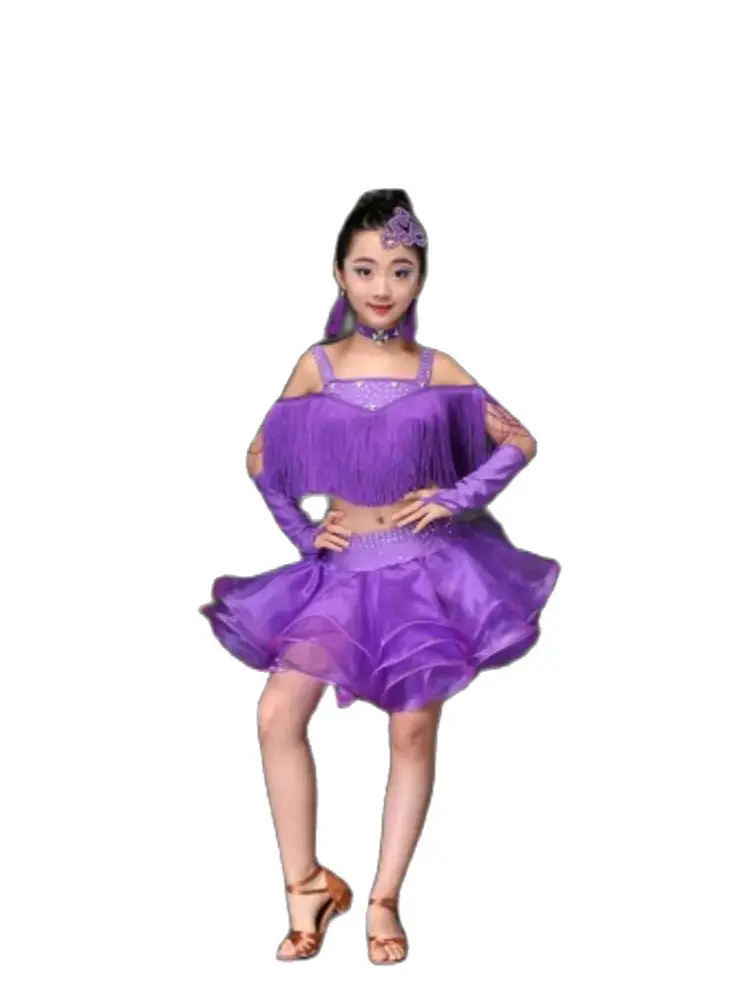 

1set /lot chidren tassel ballroom dancing dresses skirt and tassel top kids fringe children professional latin dance clothing