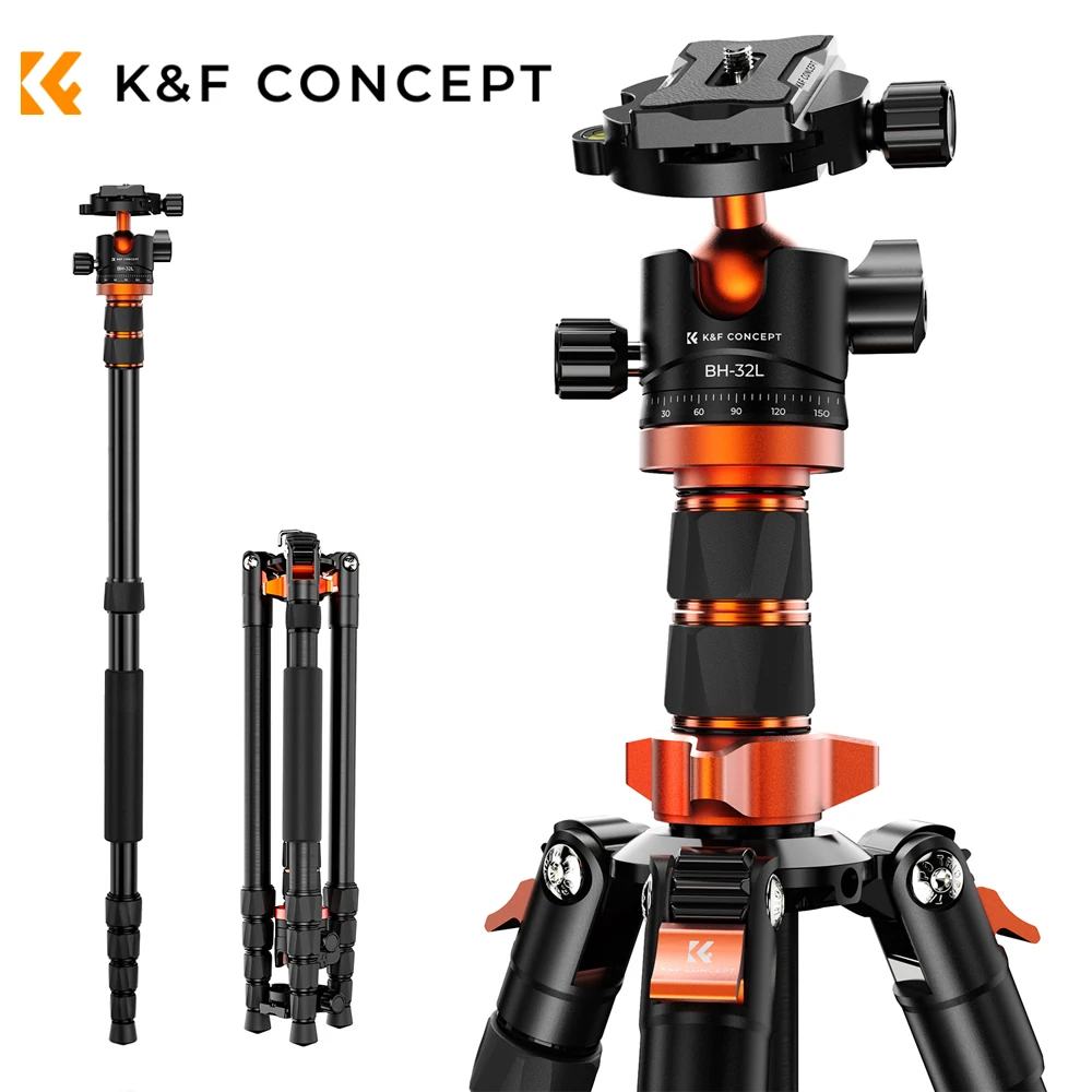 

K&F Concept 78 inch/198cm Camera Tripod 3-section Central Axis Travel Tripod with 32mm Metal Ball Head Load Capacity 12KG