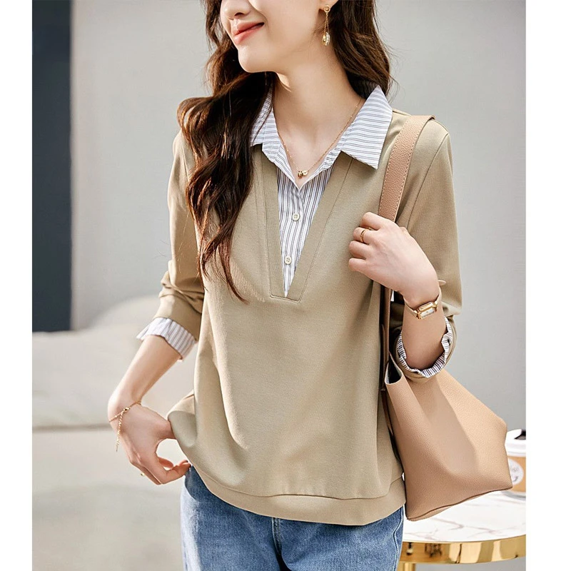 Fashion Contrasting Color Fake Two Pieces Blouse Women New Classic Long Sleeve Office Slim All-match Lady Polo Collar Shirt N271
Fashion Contrasting Color Fake Two Pieces Blouse Women New Classic Long Sleeve Office Slim All-match Lady Polo Collar Shirt N271