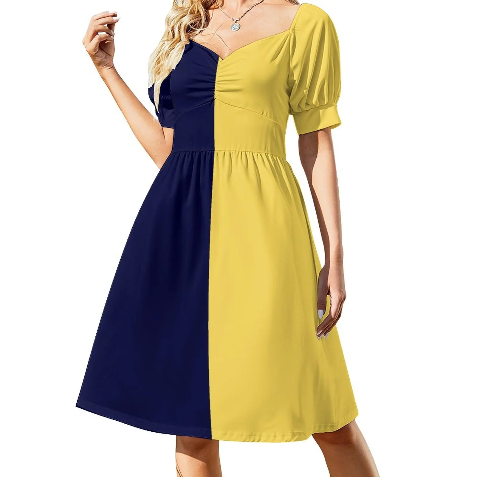 

Navy Blue And Mustard Yellow Half And Half Sleeveless Dress Aesthetic clothing womens clothing elegant guest wedding dress