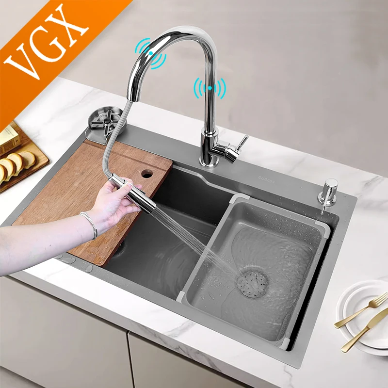VGX Kitchen Sink Nano Large Single Slot Wash Basin Smart Sink Touch Control Sensor Kitchen Gourmet Faucets Cup Washer Drain
VGX Kitchen Sink Nano Large Single Slot Wash Basin Smart Sink Touch Control Sensor Kitchen Gourmet Faucets Cup Washer Drain