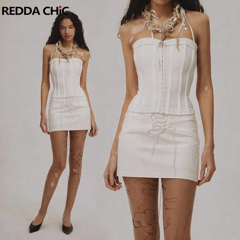

Женский комплект из 2 предметов REDDACHiC Desire, белый корсет, юбка, Горячая юбка, топ на шнуровке, сексуальная облегающая мини-юбка с низкой посадкой, уличная одежда Y2k