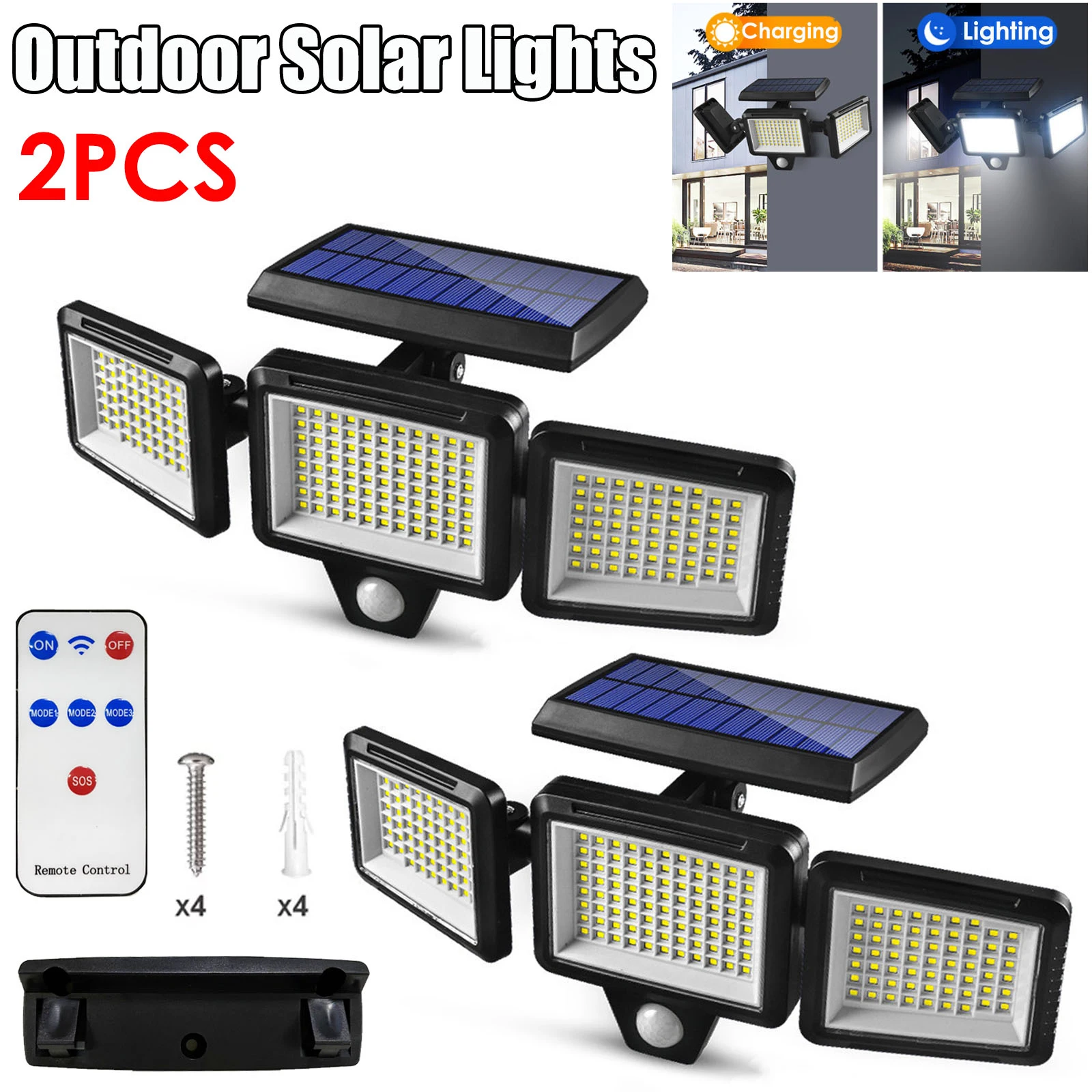 Solar Lights Outdoor Waterproof Motion Sensor Security Lights with Wireless Remote Control 2500LM 3Heads 210LED Flood Lights
Solar Lights Outdoor Waterproof Motion Sensor Security Lights with Wireless Remote Control 2500LM 3Heads 210LED Flood Lights