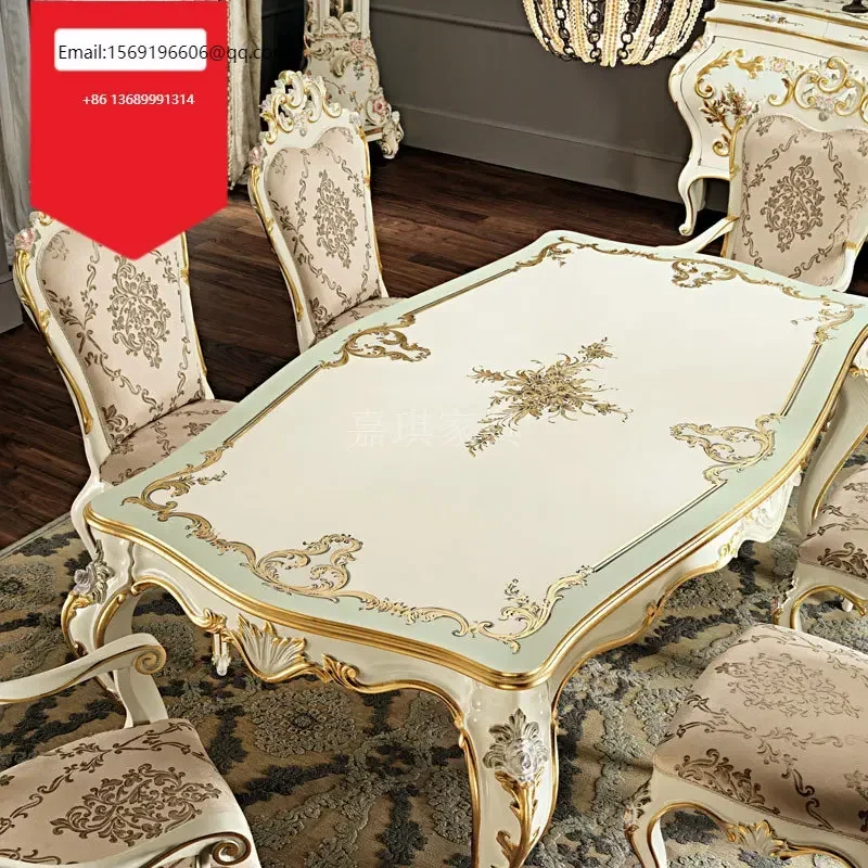 

Custom European style solid wood long dining tables and chairs, luxury gold foil carving, Italian painting process, palace