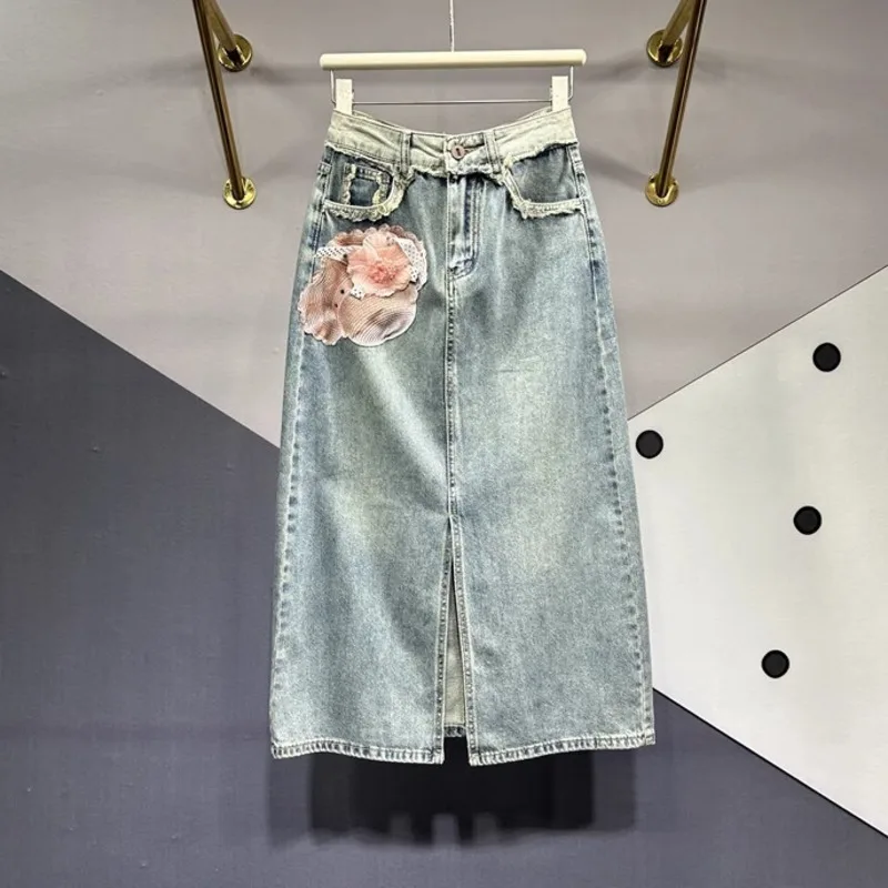 

2024 Summer New Personalized Patch Color Blocking Denim Long Skirt For Women Versatile Slim Front Split Wrap Hip Half Skirt