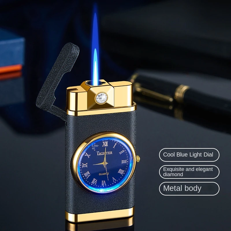 

With A Watch Portable Blue Flame Butane Gas Torch Lighter Gas Lighter Metal Windproof Unusual Cigarette Cigar Lighters Gadget