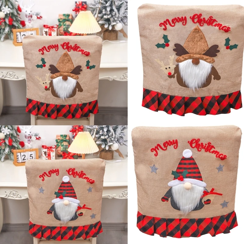 

Christmas Chair Cover Snowman Santa Gnome Chair Back Covers for Dining Room Kitchen Hotel Holiday Party Restaurant Decor