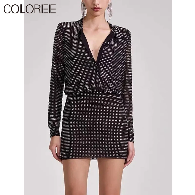 

Runway Designer Diamonds Beading Dress Women Elegant Luxury Turn-down Collar Long Sleeve Mini Dresses Black Vestido Fiesta