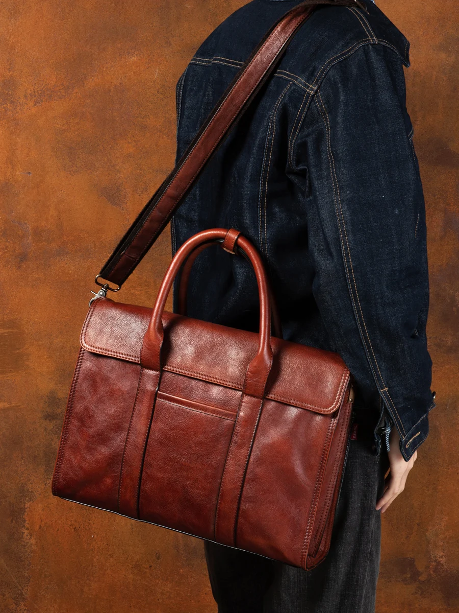 

High Quality Vintage Brushed Vegetable Tanned Cowhide Handbag Men's Messenger Bag Briefcase Leather Shoulder Casual