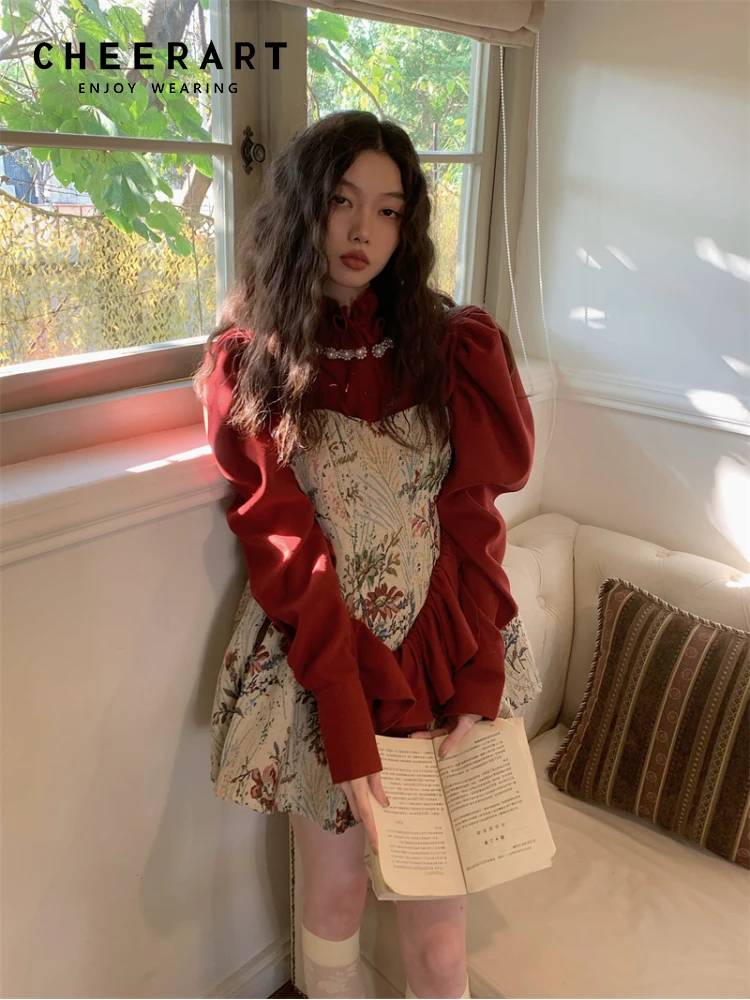 CHEERART 2 Piece Vintage Jacquard Red Ruffles Mini Dress For Women 2023 Ball Gown Shirt And Tank Dress Elegant Clothing
CHEERART 2 Piece Vintage Jacquard Red Ruffles Mini Dress For Women 2023 Ball Gown Shirt And Tank Dress Elegant Clothing
