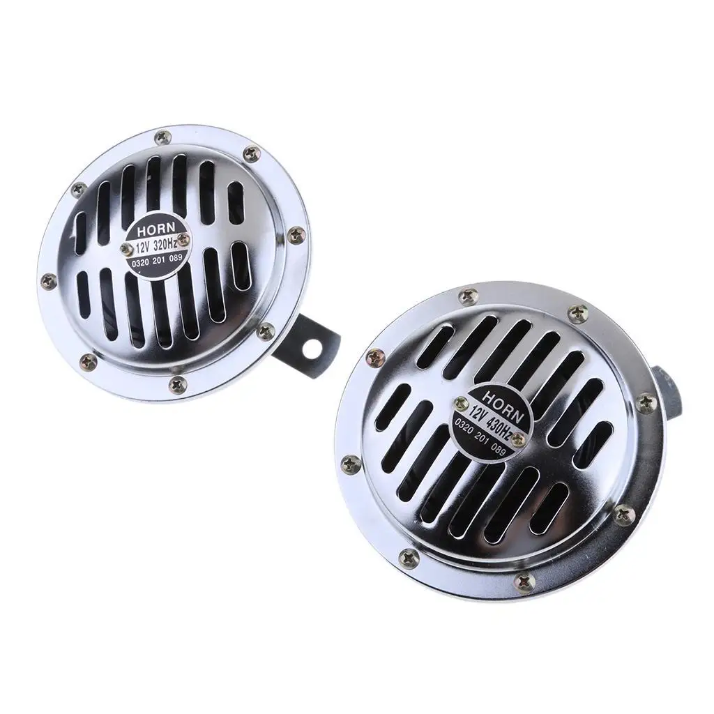 

Two Super Horns Series Low Tone 12V Steel Disc Horns W/Chrome Grill