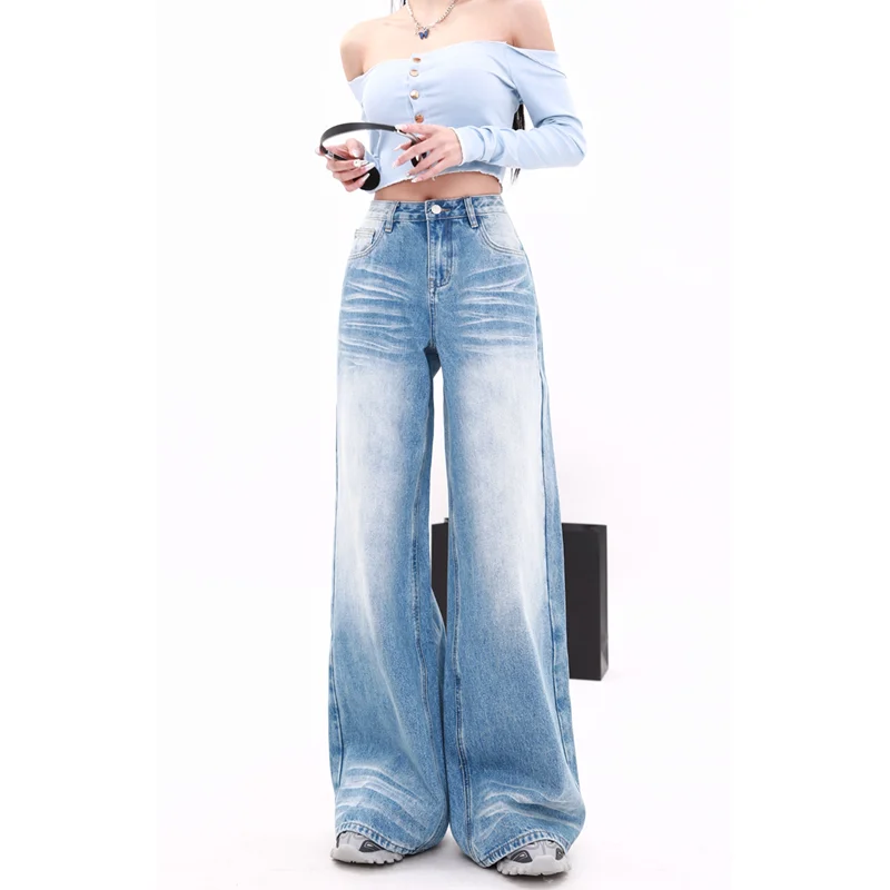 

Синие женские джинсы, уличная одежда, модные джинсы в стиле ретро с высокой талией, свободные прямые мешковатые брюки с широкими штанинами, шикарный дизайн, Y2K, летние джинсовые брюки
