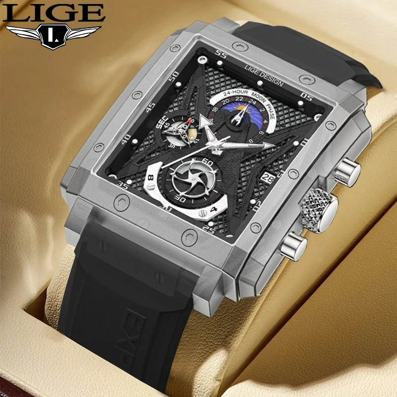 

Часы наручные LIGE Мужские кварцевые с квадратным циферблатом, модные роскошные деловые повседневные спортивные водонепроницаемые светящиеся с силиконовым ремешком, с датой