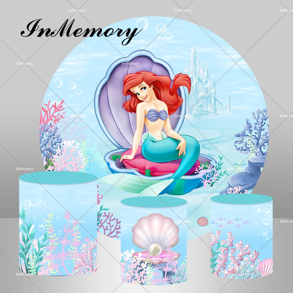 

Under Tea Sea Little Mermaid Princess Ariel Circle Round Backdrop Cover for Girls Baby Shower 1st Birthday Party Background