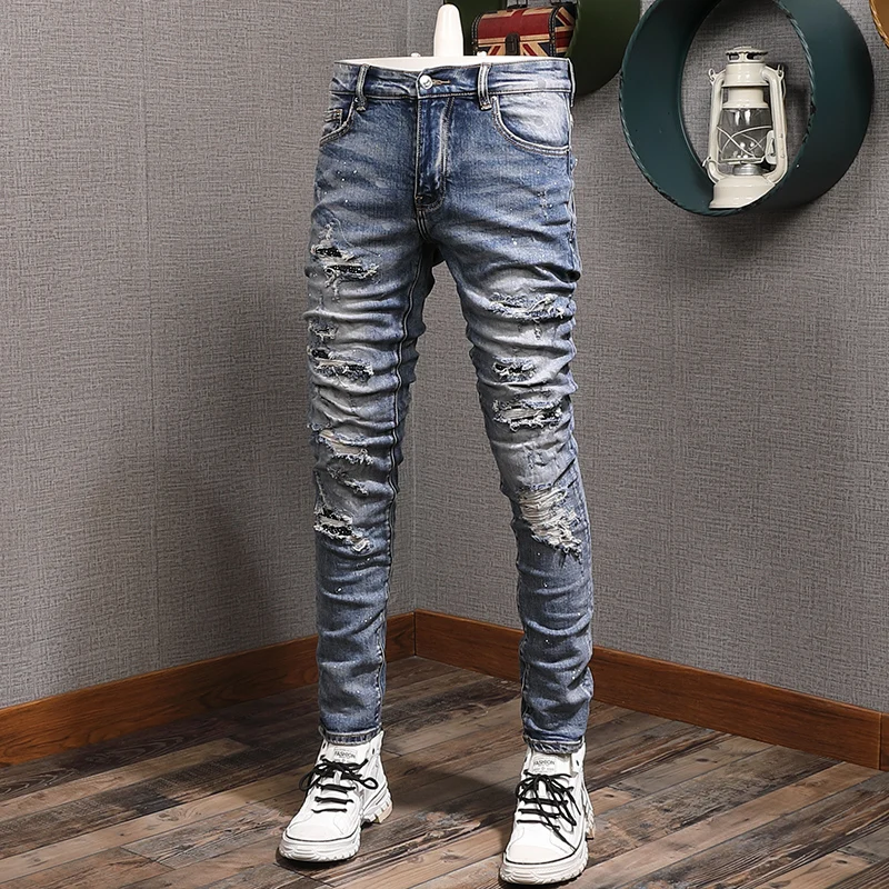 

Street Fashion Men Jeans Retro Blue Stretch Skinny Fit Ripped Jeans Men Painted Designer Beading Patched Hip Hop Brand Pants