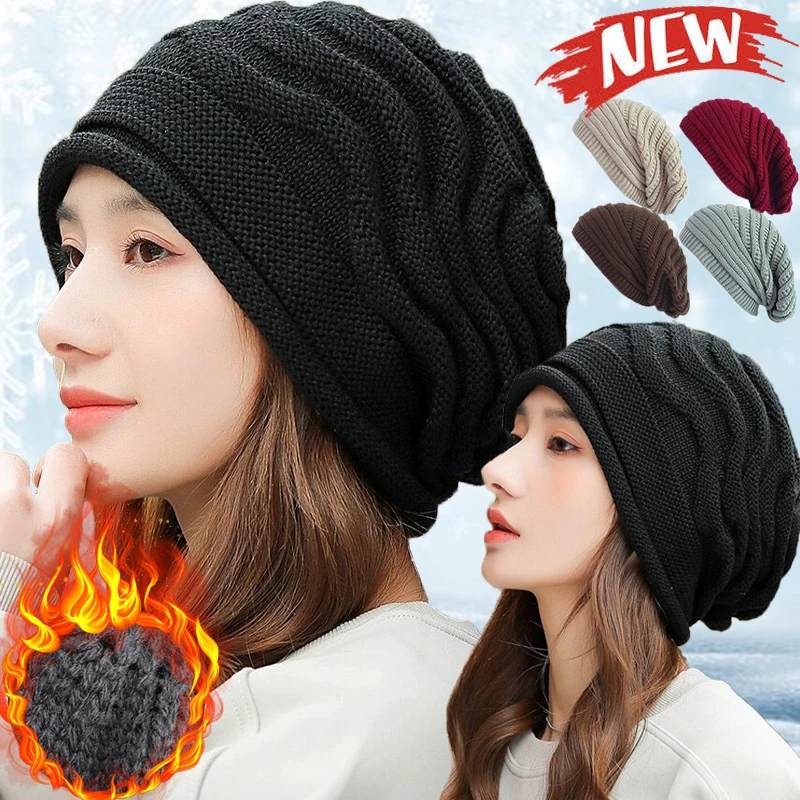 

Winter Warm Caps Women Baggy Slouchy Knitted Beanies Hat Classical Outdoor Skullies Fordable Cap Lazy Girls Ear Warmer Bonnet
