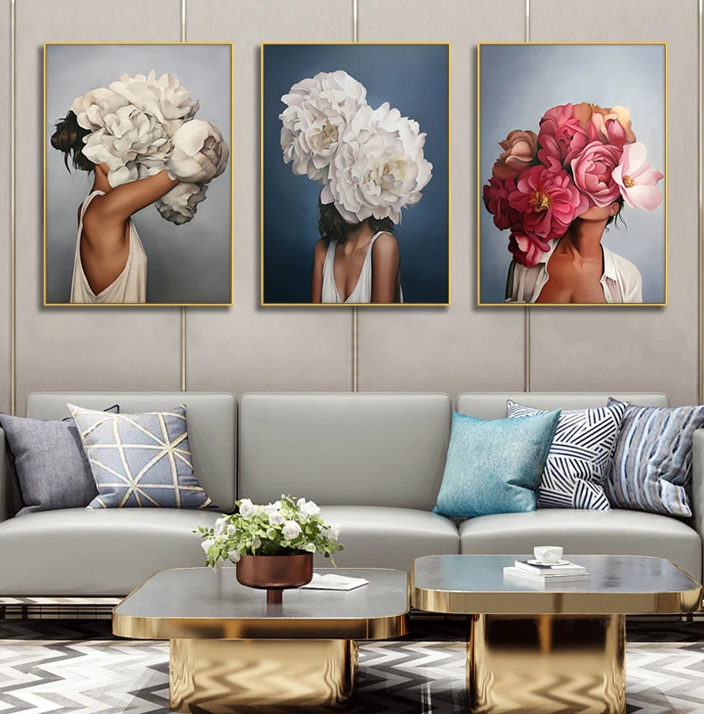 

Portrait Art Canvas Paintings On The Wall Art Canvas Prints Wall Art Women with Flowers Pictures for Living Room Cuadros Decor