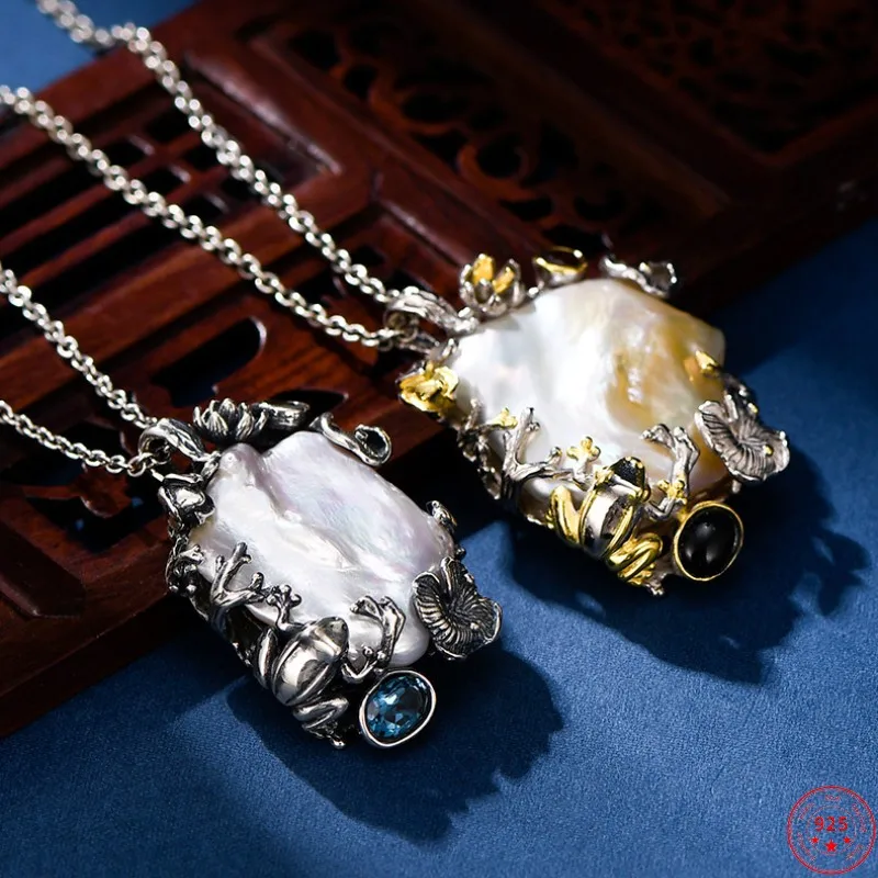 

Genuine S925 Sterling Silver Pendants for Men Women New Fashion Frog Lotus Irregular Baroque Freshwater Pearl Jewelry Wholesale