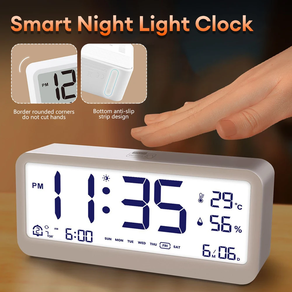 

LCD Digital Alarm Clock Temperature Humidity Display Desktop Clocks Calendar Week Child Desk Dimmable Night Light Clock Decor