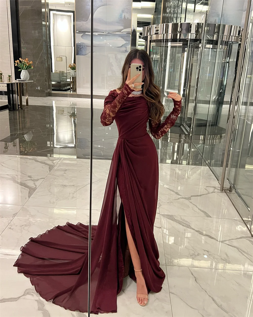 Sansa Customized Side High Slit Court Train Mermaid Prom Dresses Chiffon Wine Red فساتين سهرات Lone Sleeve فساتين للمناسبات الخا 12 S2bd0f640e46449fdbb02e0d98c052930v
