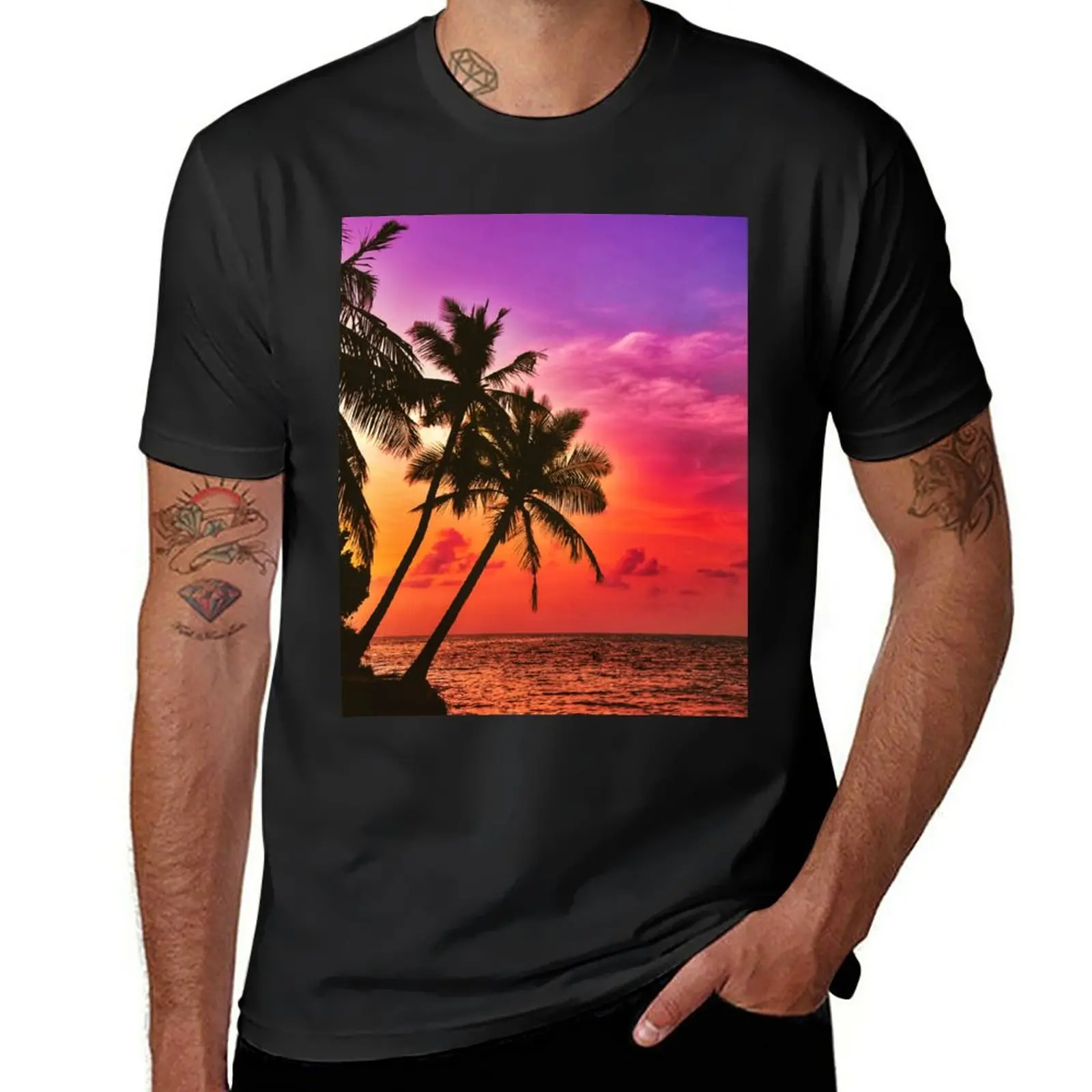 

New Tropical Sunset Palm Trees Purple and Orange T-Shirt custom t shirts summer top graphic t shirt Men's t shirts