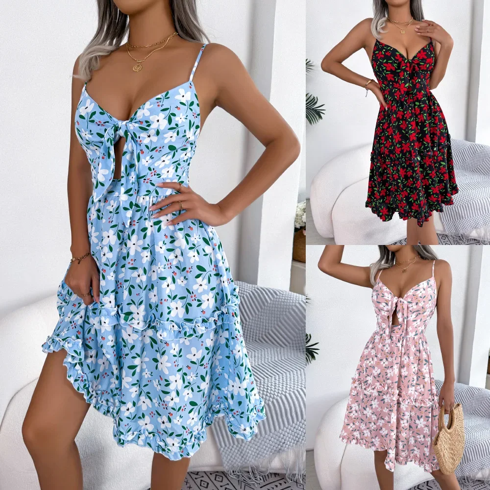 Real Europe and the United States spring and summer leisure floral bow with wooden ear edge halter dress women's dress
Real Europe and the United States spring and summer leisure floral bow with wooden ear edge halter dress women's dress