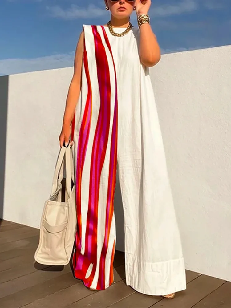 

Bohohipei Female Stylish Striped Printed Wide Leg Jumpsuits 2024 New Summer Sleeveless Loose Casual Going Out Jump Suits