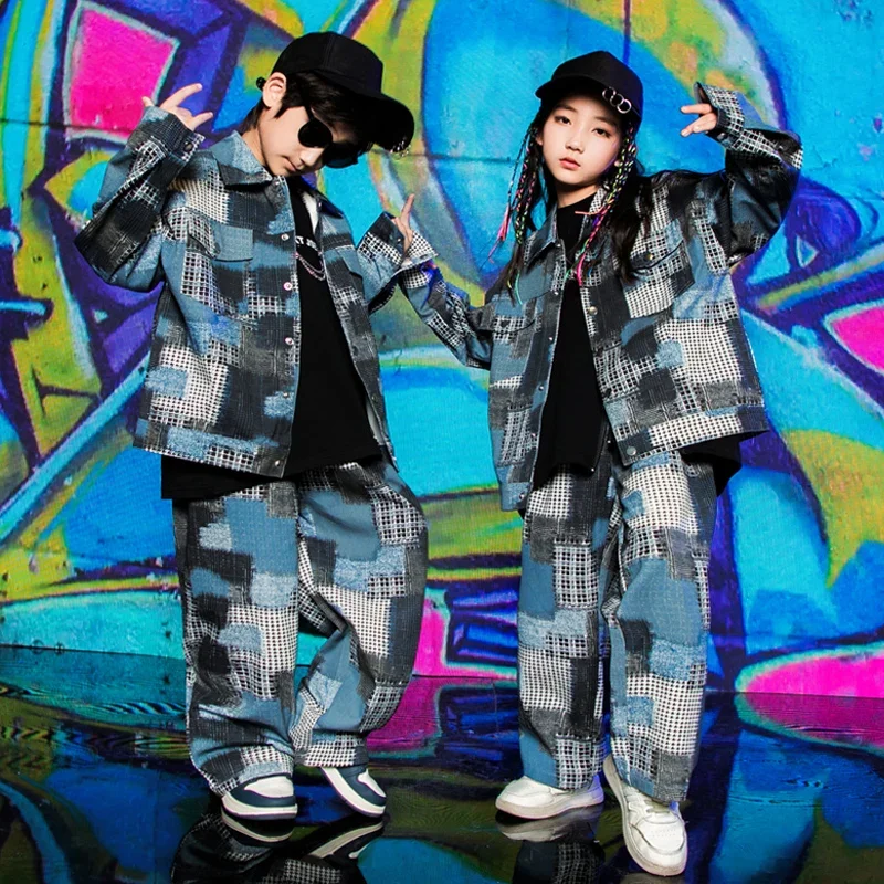 

Джинсовый костюм для мальчиков и девочек, одежда для выступлений и концертов, модная Детская уличная одежда, костюм для танцев в стиле хип-хоп, джаз, 2022