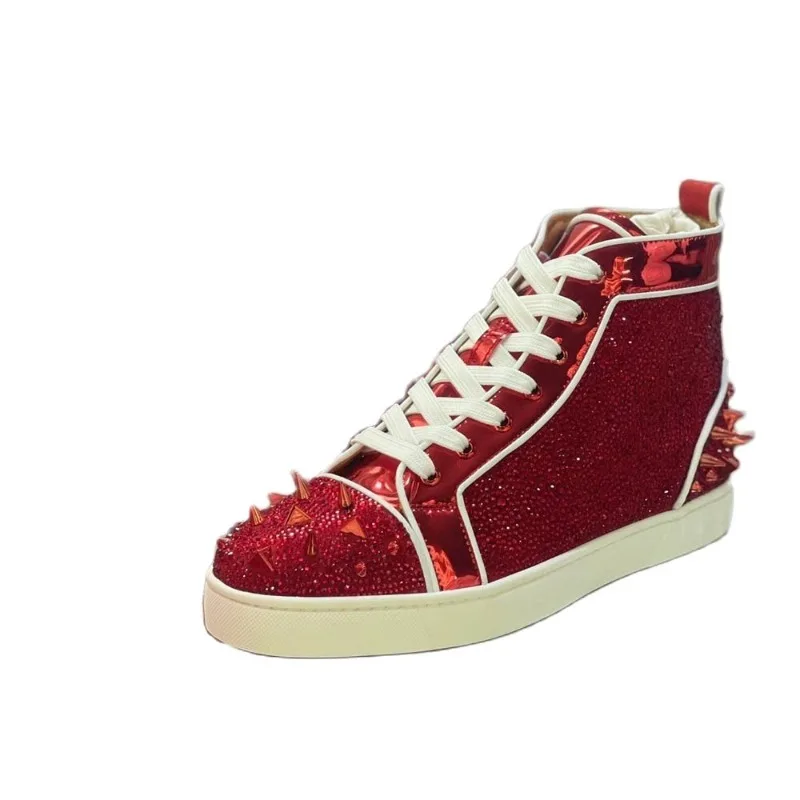 

Night Club High Top Red Bottom For Men Shoes Trainers Spiked Patent Genuine Leather Messy Rivets Toecap Crystal Flats Sneakers