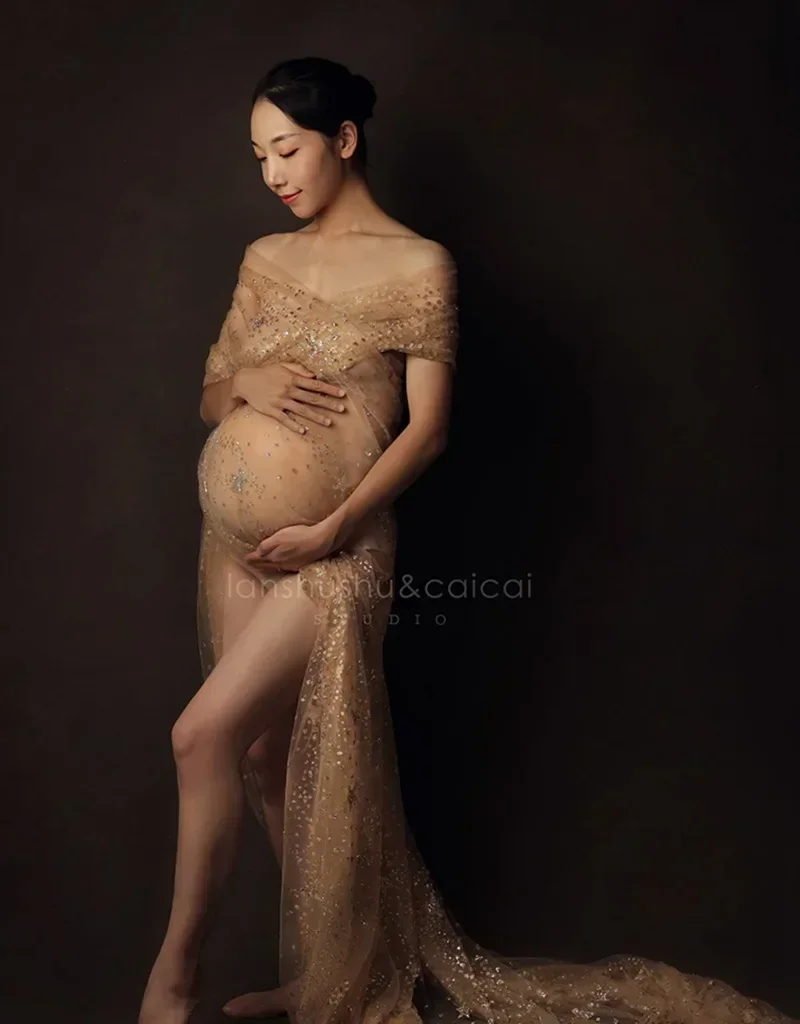 

Tulle Bronzing Sexy Maternity Photography Dresses For Baby Showers Pregnancy Maxi Gown Long Pregnant Women Wrap Photo Shoot Prop