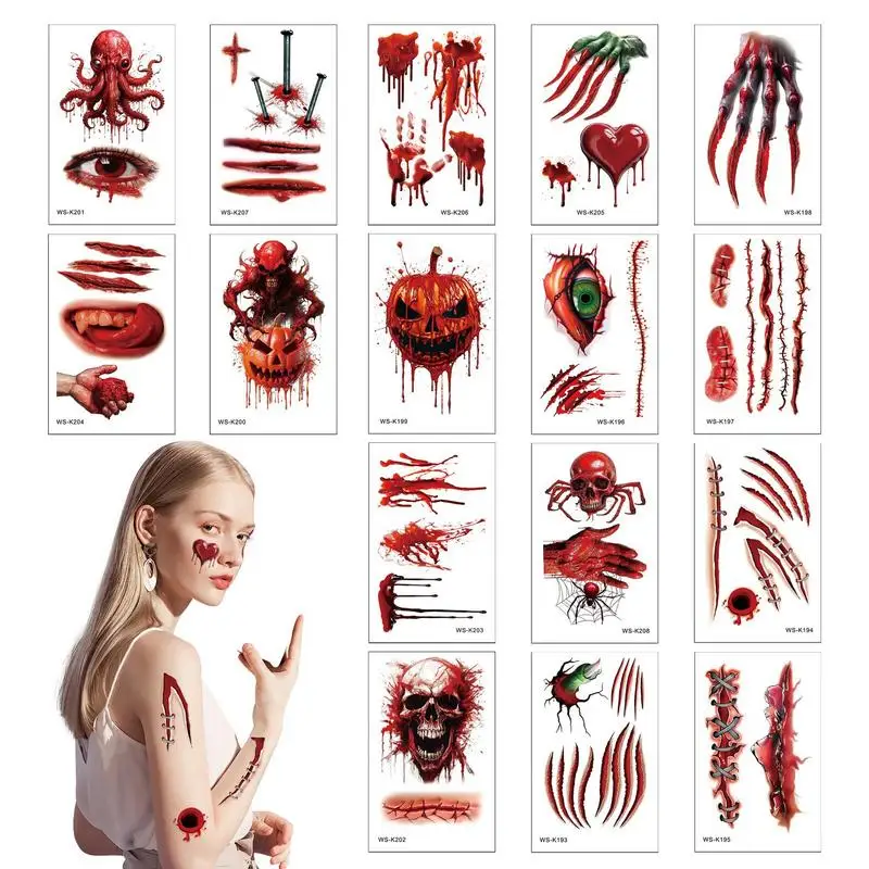 

Scary Mouth Sticker 16pcs Halloween Body Face Scar Realistic Temporary Sticker Waterproof Halloween Masquerade Prank Makeup