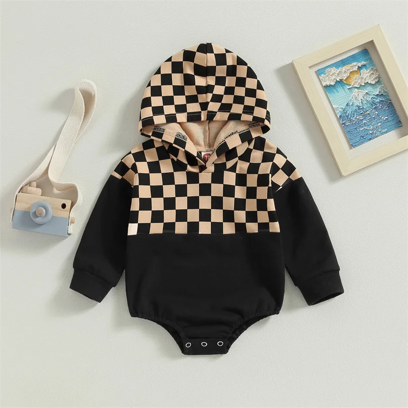 

Newborn Casual Fashion Contrast Color Rompers Autumn Spring Baby Boys Girls Long Sleeve Checkerboard Print Hoodies Jumpsuits