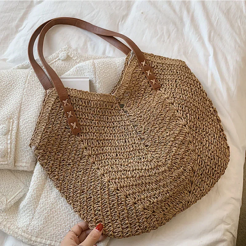 

Summer Straw Bags for Women Straw Shoulder Bags Rattan Woven Top Handle Bag Hollow Raffia Crochet Beach Bag Casual Handbags 2023