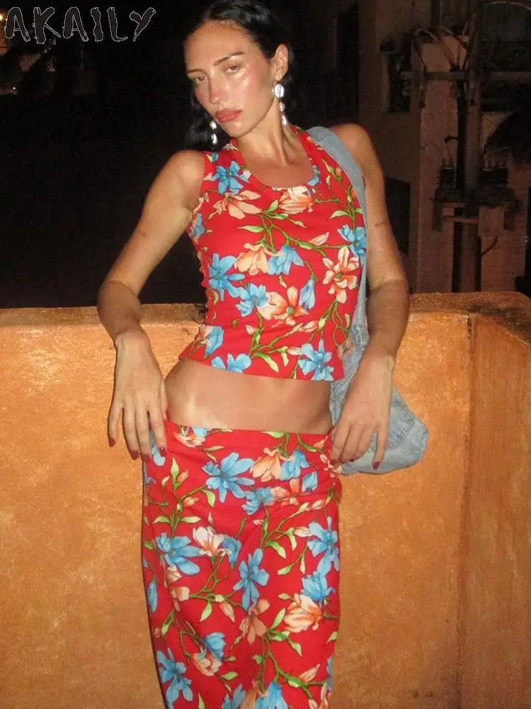 

Akaily облегающий комплект из 2 предметов с юбкой и красным цветочным принтом женская одежда для клуба осень 2023 модный топ без рукавов и брюки комплект