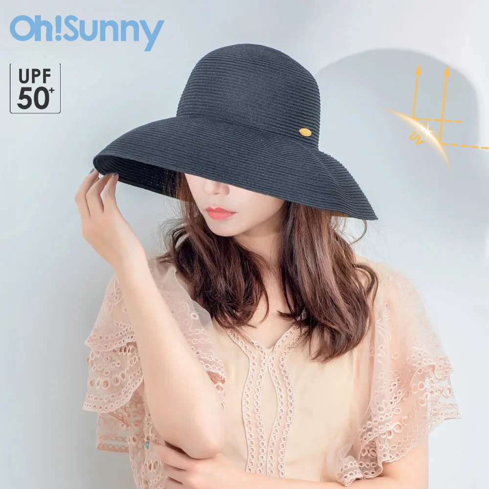 

OhSunny 2021 New Summer Large Brim Straw Hat UV Protection Floppy Wide Sun Cap Beach Foldable Washable Adjustable Hats For Women