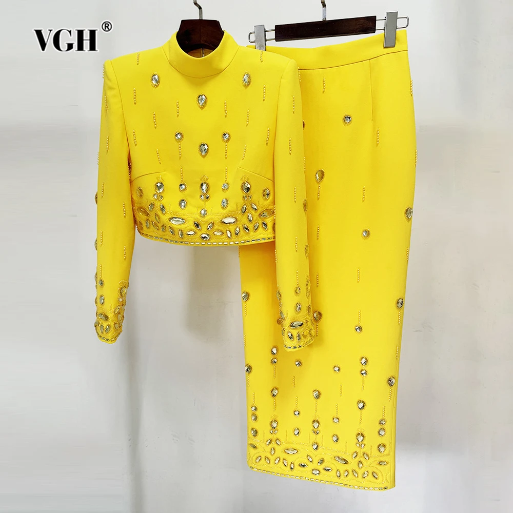 

VGH Slimming Two Piece Sets For Women Turtleneck Long Sleeve Spliced Zipper Tops High Waist Skirts Patchwork Diamonds Set Female