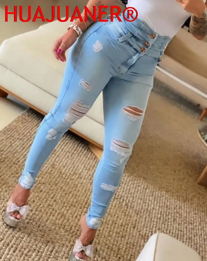 

Women's Jeans 2024 Trend Autumn Fashion High Waist Buttoned Cutout Ripped Casual Skinny Plain Pocket Design Daily Long Jeans