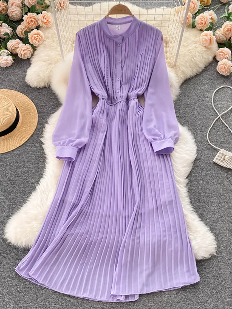 Autumn Purple/Red/Yellow Pleated Dress Women Vintage Stand Collar Puff Sleeve High Waist Draped Vestidos Female Midi Robe M857
Autumn Purple/Red/Yellow Pleated Dress Women Vintage Stand Collar Puff Sleeve High Waist Draped Vestidos Female Midi Robe M857